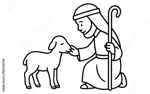 Shepherd caring for lamb in simple black and white outline drawing