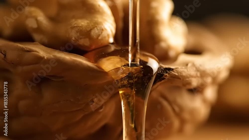 Honey Drizzling on Walnuts Close Up Macro Shot.