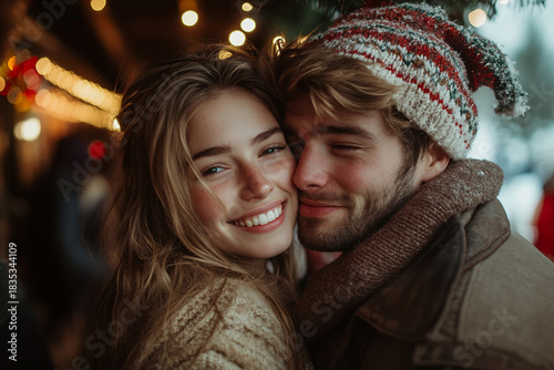 Romantic winter holiday kiss under mistletoe with couple in love during snowfall and Christmas decor, generative ai