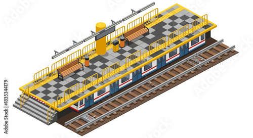 Isometric 3D rendering of a public transport train station platform.