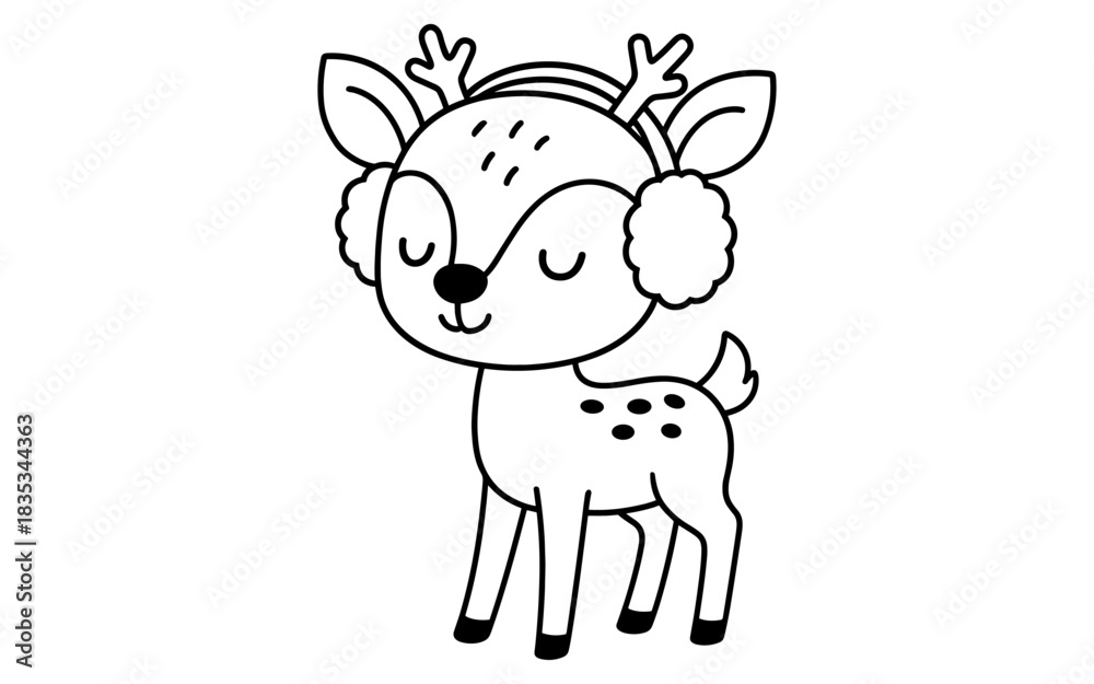 Obraz premium Cute cartoon deer with ear muffs in black and white