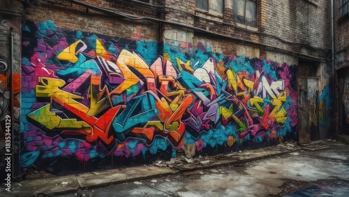 Vibrant graffiti adorns a crumbling urban alleyway
