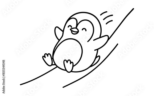 Cute penguin sliding down a hill in playful line art for coloring