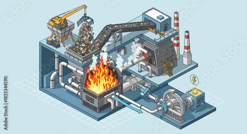 Isometric illustration of a detailed industrial factory with a furnace and machinery.