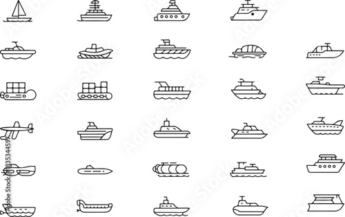 Collection of diverse boat and ship line icons for maritime themes