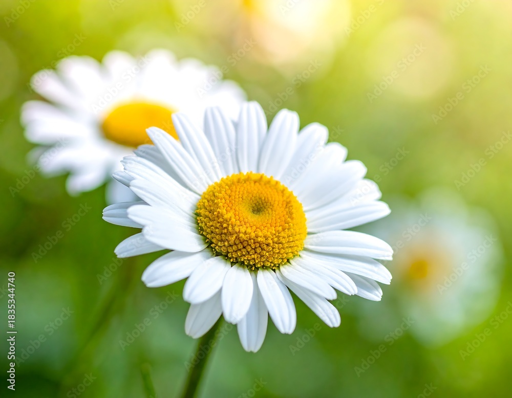 Fototapeta premium Close-up of white daisies with yellow centers in a sunlit garden