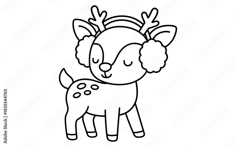 Fototapeta premium Cute winter reindeer wearing earmuffs outline for kids' coloring