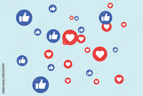Social media reactions, like icons, love symbols, thumbs up, heart emoji, engagement tools, feedback, flat vector illustration