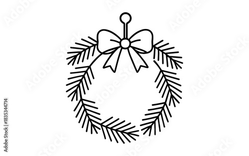 Minimalist christmas wreath outline with bow and pine needles