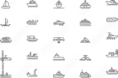 Diverse nautical vessel line icons collection for transport design.