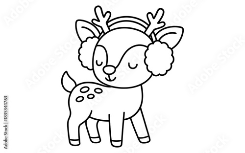 Cute winter reindeer wearing earmuffs outline for kids' coloring