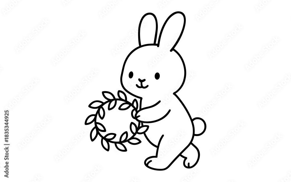 Fototapeta premium Cute bunny holding floral wreath in simple outline art