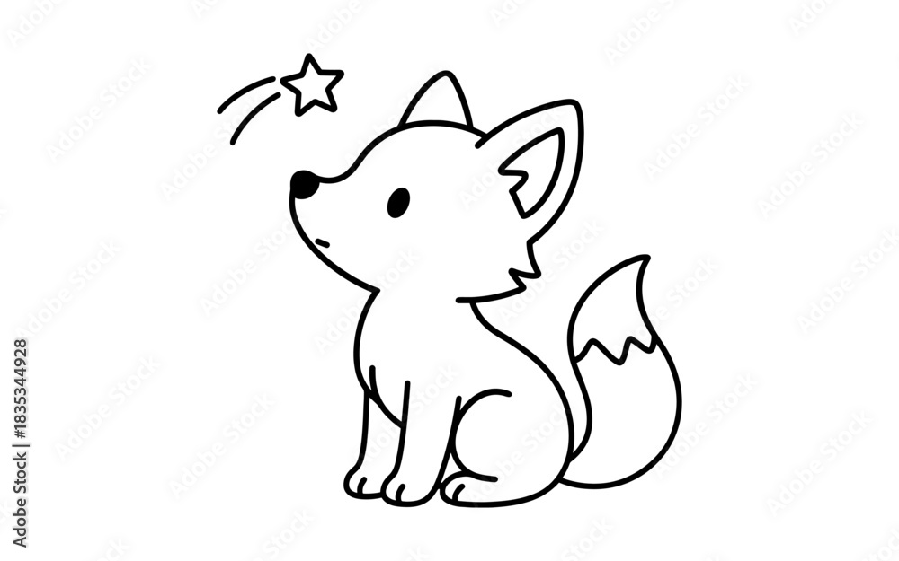 Obraz premium Cute fox cub sitting under a shooting star in adorable line art