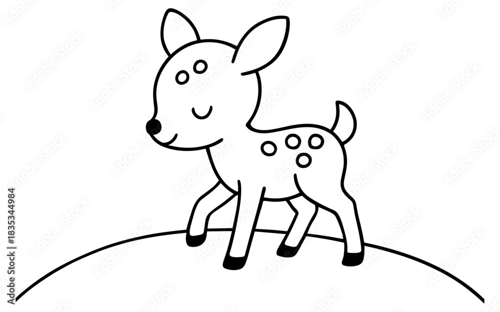 Obraz premium Cute cartoon fawn standing on a hill in black and white line art