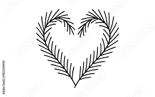 Heart design with pine needles in minimalist black and white style