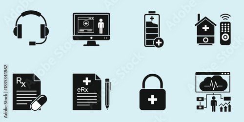 WebDigital health icons, telemedicine tools, online prescription, cloud analytics, remote monitoring, data security, healthcare tech, flat vector illustration