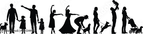 Diverse People and Dog Silhouette Vector Set, Featuring Family, Dancers, Pet Owners, Baby Stroller, and Child Figures, Representing Life Stages, Activities, and Everyday Human Interactions.