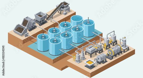 Isometric illustration of an industrial processing plant with tanks and machinery.