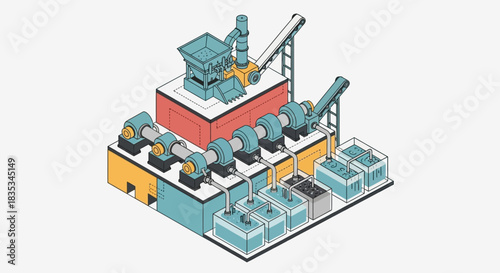 Isometric illustration of an industrial processing plant with machinery.