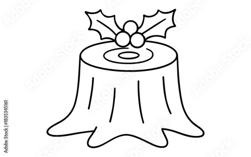 Christmas tree stump with holly in outline style for festive designs