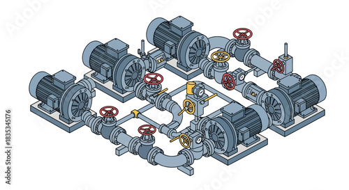 Isometric illustration of an industrial water pump station system.