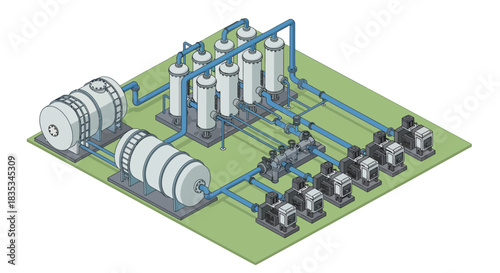 Isometric illustration of an industrial water treatment system.