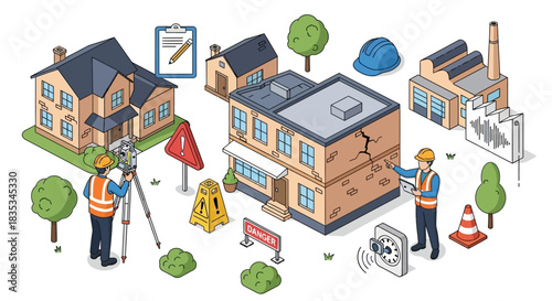 Isometric Illustration of Building Inspection and Structural Assessment.