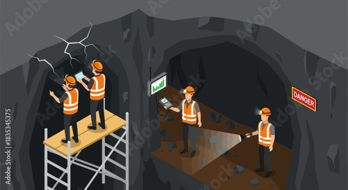 Isometric illustration of miners working in a mine tunnel, performing inspections and maintenance.