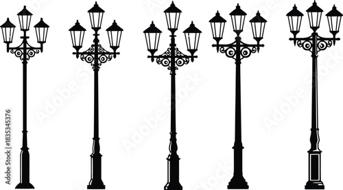 Classic Lantern Silhouettes: A striking array of elegant street lamps, their intricate designs creating a timeless aesthetic.
