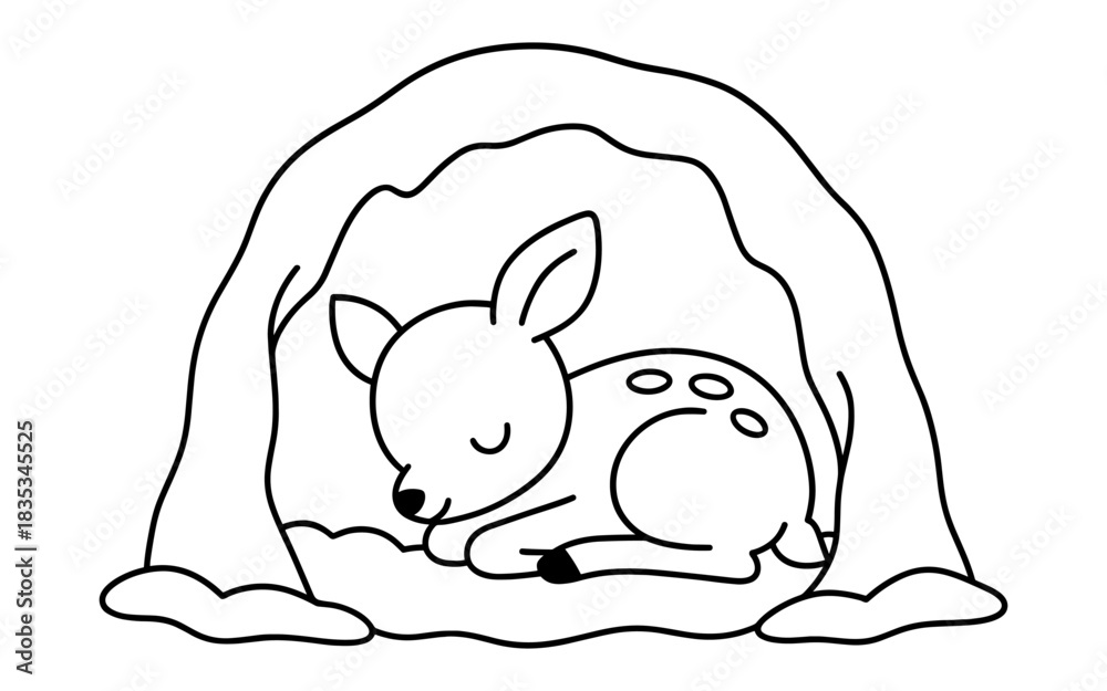 Naklejka premium Cute sleeping fawn in a cozy cave outline drawing for kids coloring