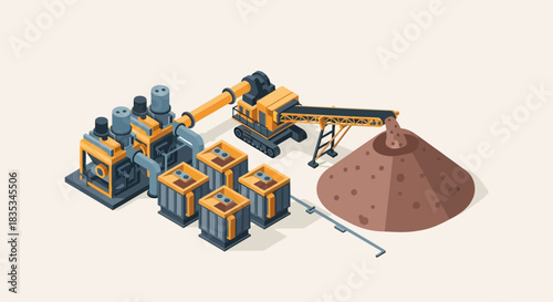 Isometric Industrial Mining and Processing Plant Illustration.