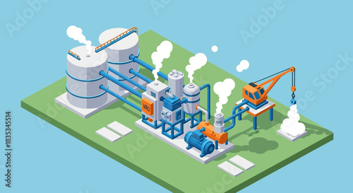 Isometric Industrial Plant Illustration with Tanks, Pipes, and Crane.