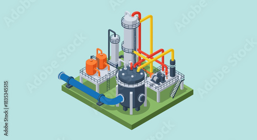 Isometric Industrial Plant Illustration with Tanks and Pipes.