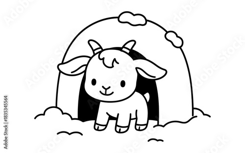 Cute goat in winter igloo line art for kids coloring pages