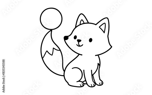 Cute black and white outline of cartoon fox with balloon on tail for coloring book