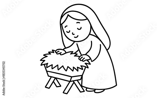 Simple mary and manger outline art for children's nativity activities
