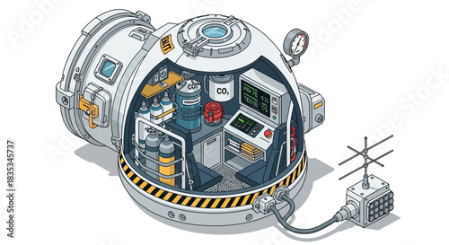 Isometric Space Station Interior Cutaway Illustration with Detailed Equipment.