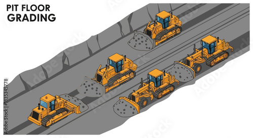 Isometric vector illustration of heavy equipment performing pit floor grading.