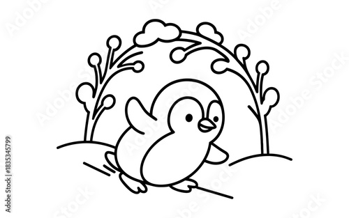 Cute penguin outline with winter elements for kids' coloring