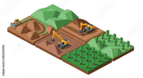 Isometric view of a construction site with excavators and trees.