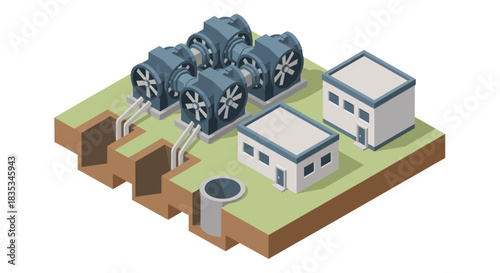 Isometric view of a cryptocurrency mining farm with buildings and infrastructure.