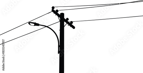 Power Pole Silhouette: A stark black and white depiction of a power pole against a simplified backdrop, embodying the essential infrastructure of modern society.