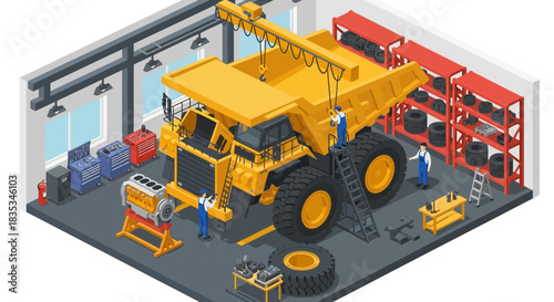 Isometric View of a Large Mining Dump Truck Undergoing Maintenance.