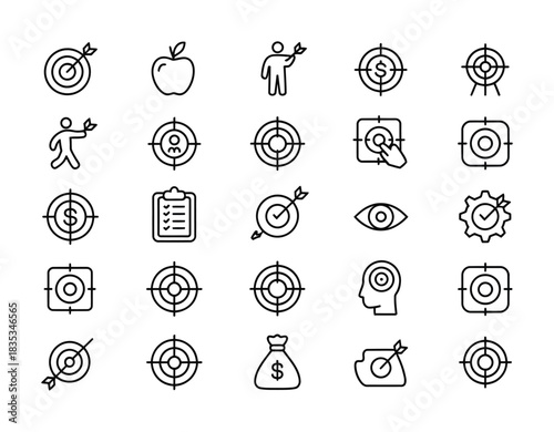Target accuracy strategy and focus line icon collection for business goals and success