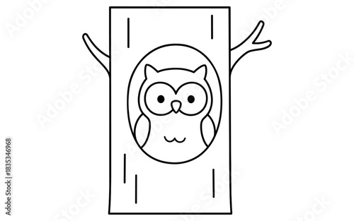 Cute owl outline in tree hollow: simple black and white doodle for coloring