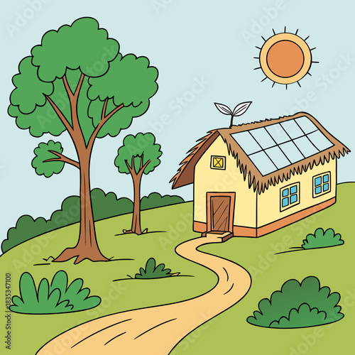 Charming cartoon illustration of a sustainable eco friendly house with solar panels on its thatched roof surrounded by nature