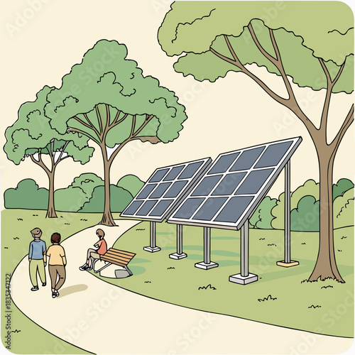 People enjoying a park with solar panels providing clean energy for the environment