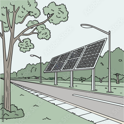 Modern solar panels installed along a roadside with trees and a street lamp providing clean energy