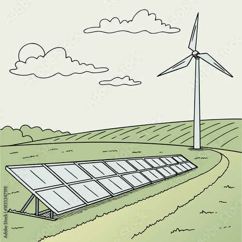 A stylized illustration of a wind turbine and solar panels in a green field under a cloudy sky