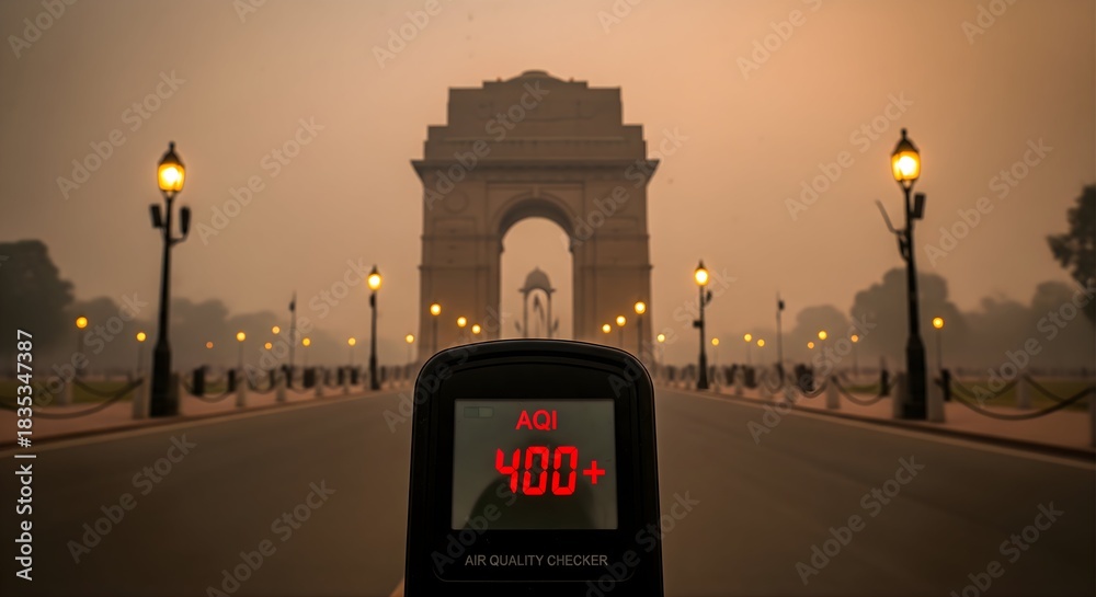 Fototapeta premium Elevated Air Quality Index of 400 Plus Displayed On Air Quality Checker Device In Front of India Gate Monument Due To Heavy Smog Air Pollution In New Delhi India